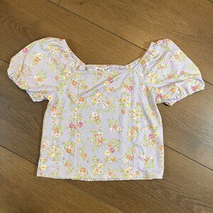 Love Glam Girl Purple Floral Puff Short Sleeve Shirt Top Blouse Size L